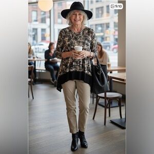 JJill Abstract Flaired top with tan chino pant “BUNDLE”